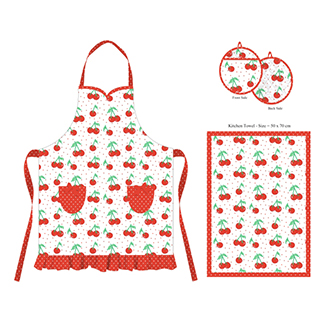 Cherry Red Printed Kitchen Apron Set