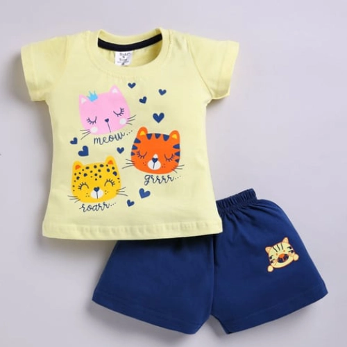 Yellow Cotton Printed T-shirts Shorts Set for Girls